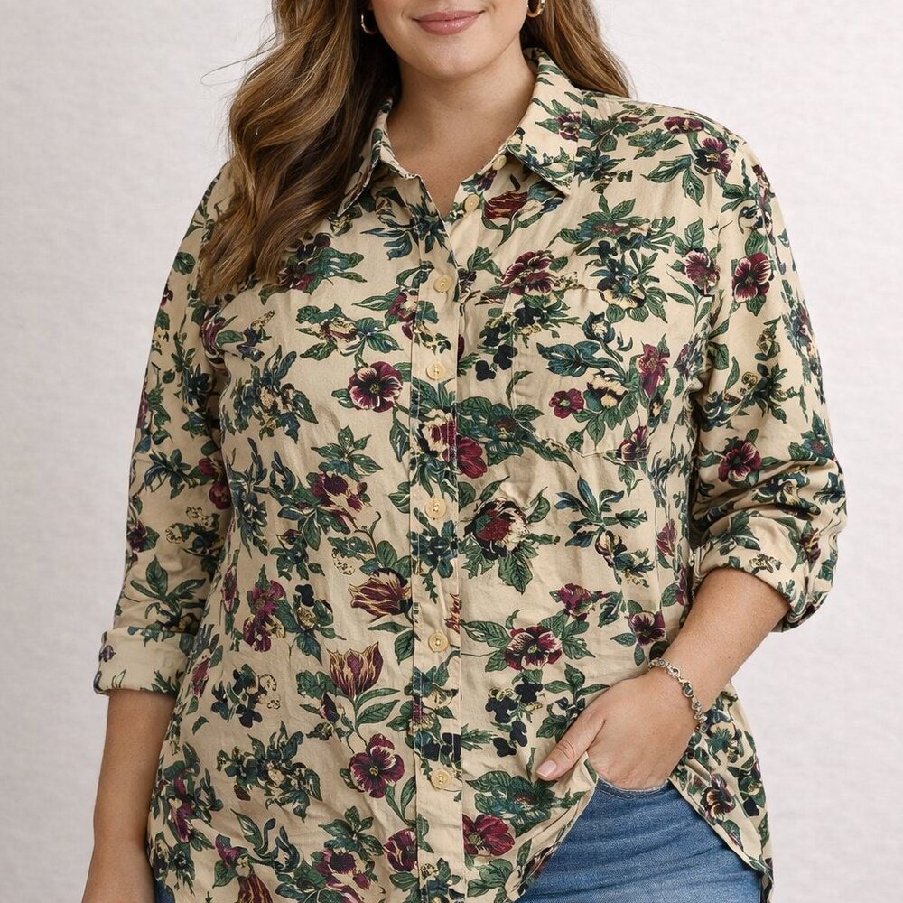 Wet Seal 2XL Button Up Shirt Cotton Cream Floral Long Sleeve Casual Work